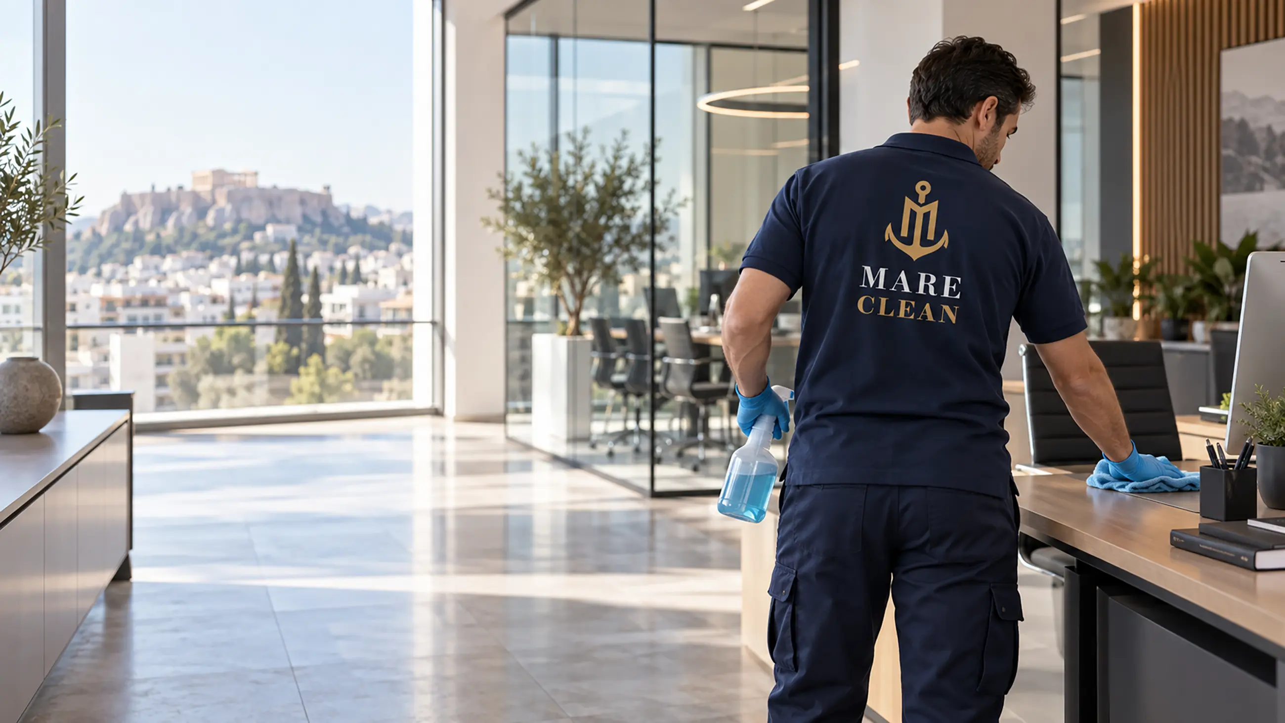 Επαγγελματίας της MARE CLEAN καθαρίζει γραφείο με θέα την Ακρόπολη.