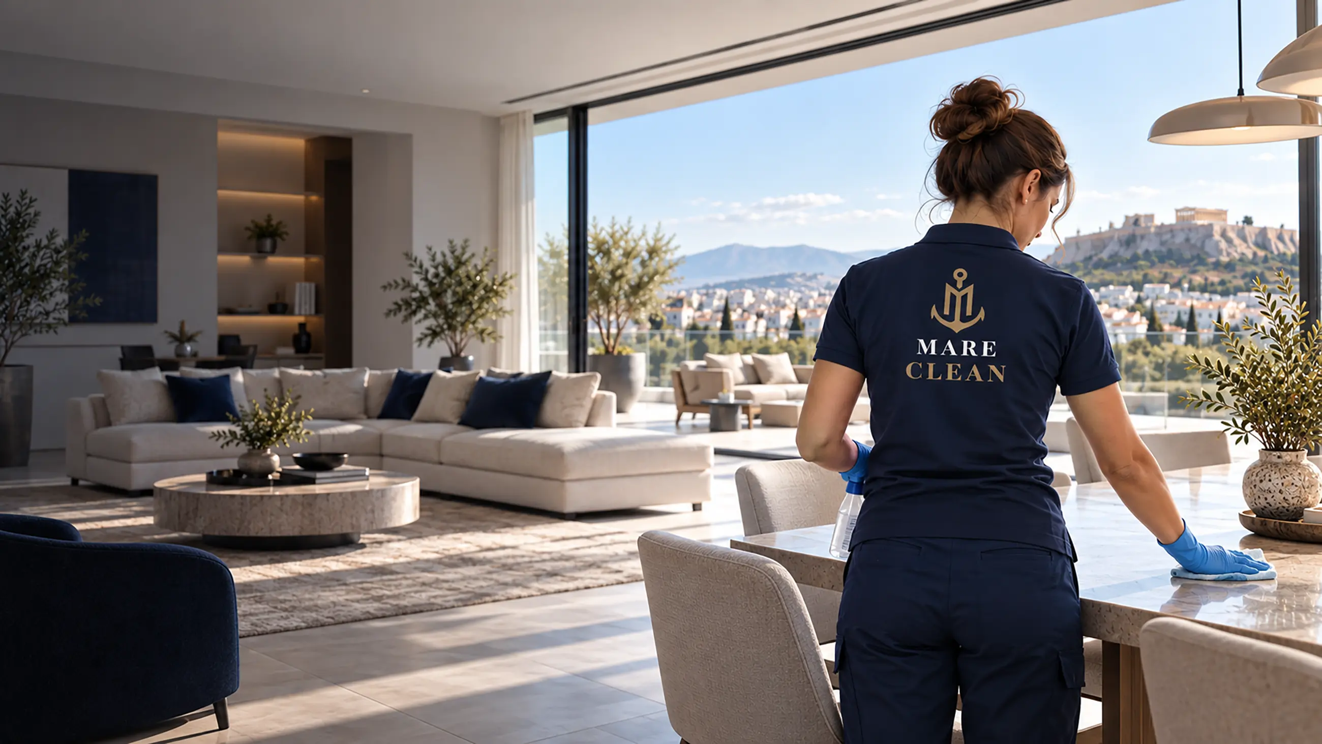Επαγγελματίας καθαρισμού της MARE CLEAN σε φωτεινό χώρο με θέα την Αθήνα.